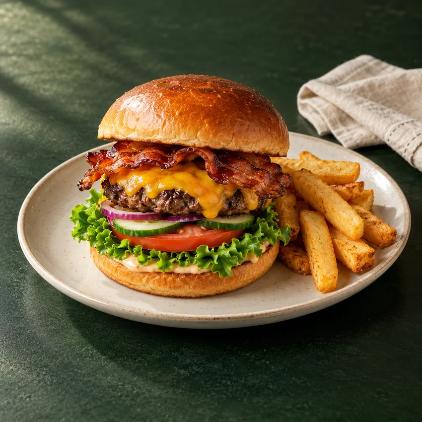 Burger med ost og bacon samt pommes frites — inspirationsbillede