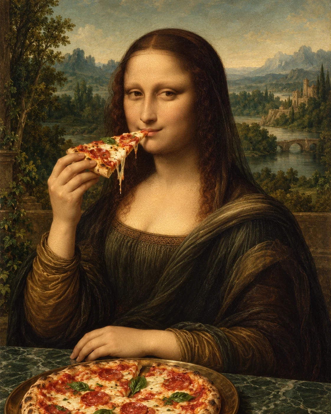 En kunstnerisk Mona Lisa, der nyder et stykke pizza, fortolket som et renæssancemaleri